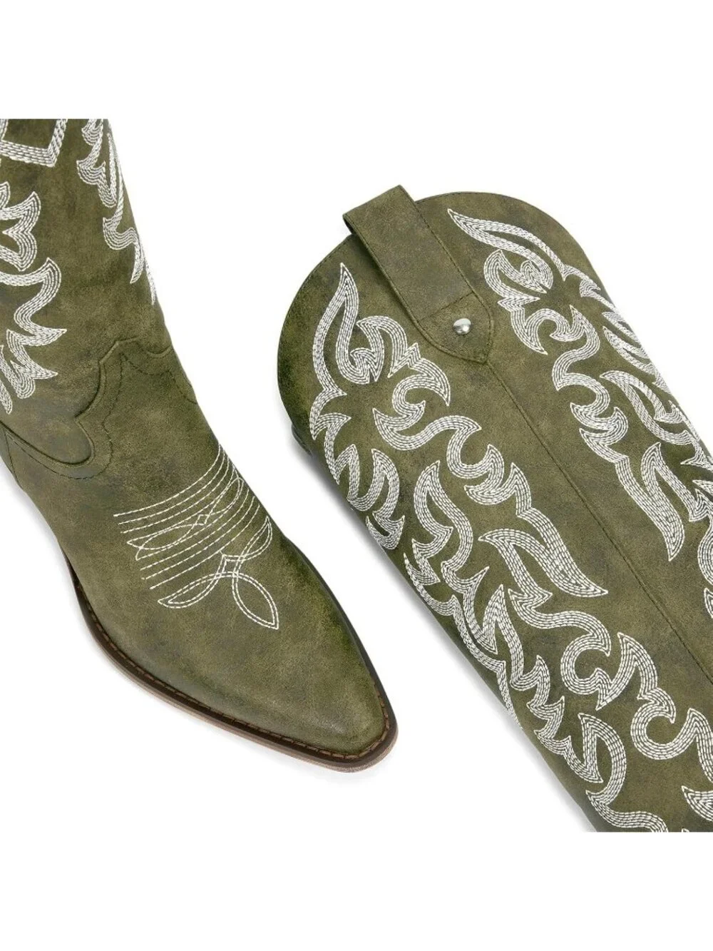 Women's Army Green Knee High Cowboy Boots Chunky Heel Leather Chunky Heel Pull